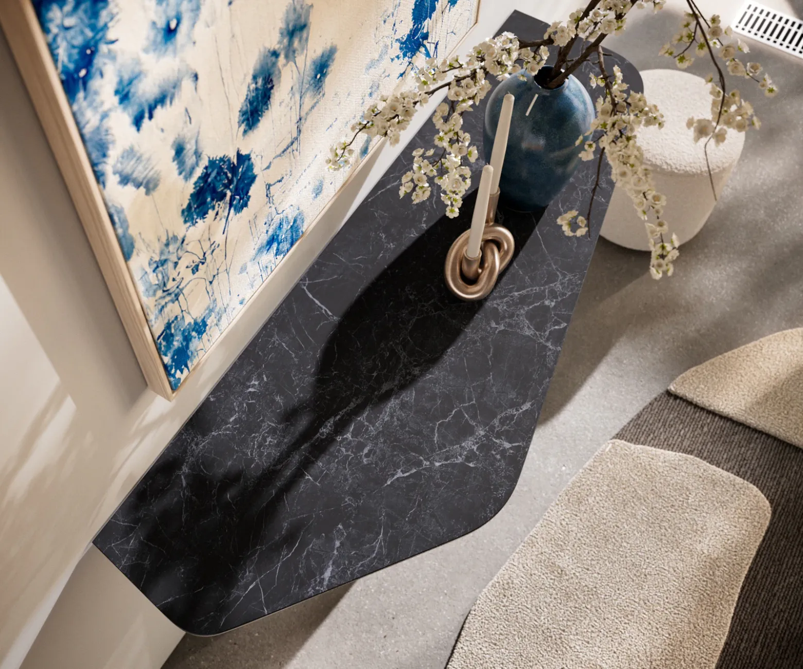 KonsolentischEdge Polygonal 140x50 cm Keramik Laminam® Nero Greco Anthrazit Livos Metall Schwarz Sofort versandfertig