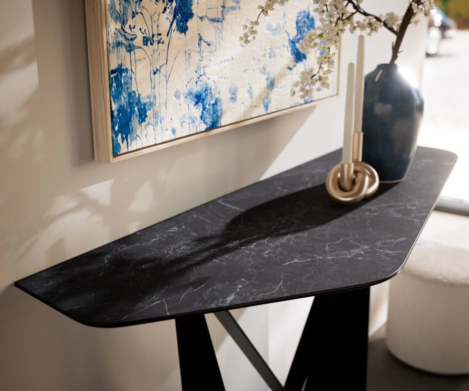 KonsolentischEdge Polygonal 140x50 cm Keramik Laminam® Nero Greco Anthrazit Spios Metall Schwarz Sofort versandfertig