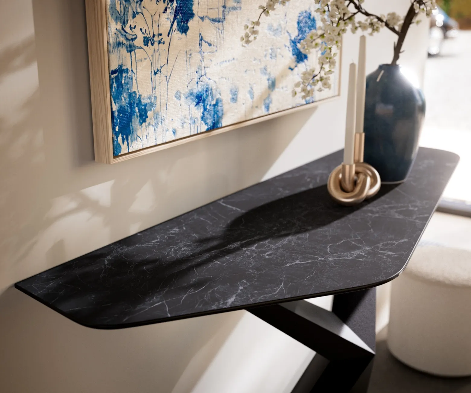 KonsolentischEdge Polygonal 140x50 cm Keramik Laminam® Nero Greco Anthrazit Zentharo Metall Schwarz Sofort versandfertig
