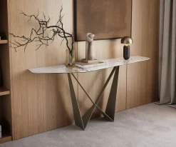 KonsolentischEdge Polygonal 180x50 cm Keramik Minas Melange Weiß-Beige Spios Metall Effektfinish Titan Sofort versandfertig