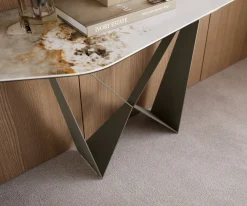 KonsolentischEdge Polygonal 180x50 cm Keramik Minas Melange Weiß-Beige Spios Metall Effektfinish Titan Sofort versandfertig