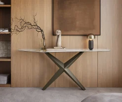 KonsolentischEdge Polygonal 180x50 cm Keramik Minas Melange Weiß-Beige Zentharo Metall Effektfinish Titan Sofort versandfertig