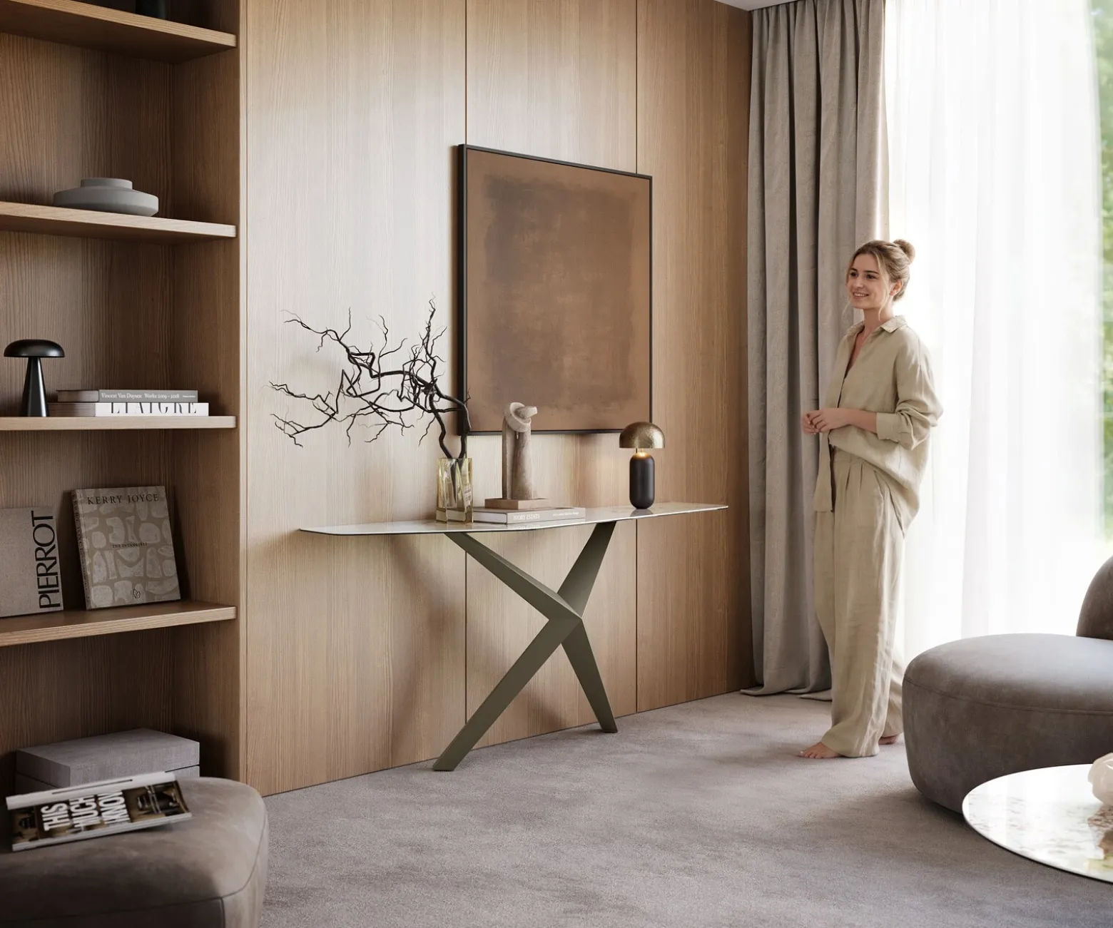 KonsolentischEdge Polygonal 180x50 cm Keramik Minas Melange Weiß-Beige Zentharo Metall Effektfinish Titan Sofort versandfertig