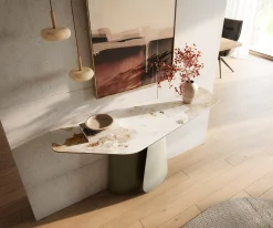 KonsolentischEdge Polygonal 140x50 cm Keramik Minas Melange Weiß-Beige Livos Metall Effektfinish Titan Sofort versandfertig