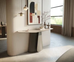 KonsolentischEdge Polygonal 140x50 cm Keramik Laminam® Travertino Bianco Creme-Weiß Livos Metall Effektfinish Titan Sofort versandfertig