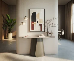 KonsolentischEdge Polygonal 140x50 cm Keramik Laminam® Travertino Bianco Creme-Weiß Livos Metall Effektfinish Titan Sofort versandfertig