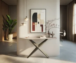 KonsolentischEdge Polygonal 140x50 cm Keramik Laminam® Travertino Bianco Creme-Weiß Zentharo Metall Effektfinish Titan Sofort versandfertig