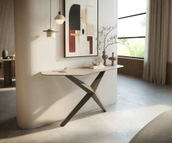 KonsolentischEdge Polygonal 140x50 cm Keramik Laminam® Travertino Bianco Creme-Weiß Zentharo Metall Effektfinish Titan Sofort versandfertig