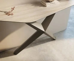 KonsolentischEdge Polygonal 140x50 cm Keramik Laminam® Travertino Bianco Creme-Weiß Zentharo Metall Effektfinish Titan Sofort versandfertig