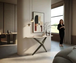 KonsolentischEdge Polygonal 140x50 cm Keramik Laminam® Travertino Bianco Creme-Weiß Zentharo Metall Effektfinish Titan Sofort versandfertig