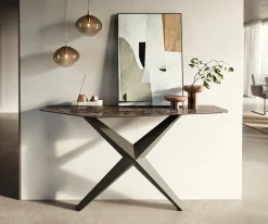 KonsolentischEdge Polygonal 140x50 cm Keramik Emperador Extra Lucidato Dunkelbraun Zentharo Metall Effektfinish Titan Sofort versandfertig