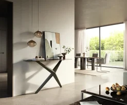 KonsolentischEdge Polygonal 140x50 cm Keramik Emperador Extra Lucidato Dunkelbraun Zentharo Metall Effektfinish Titan Sofort versandfertig