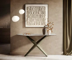 KonsolentischEdge Polygonal 140x50 cm Keramik Onyx Pearl Zentharo Metall Effektfinish Titan Sofort versandfertig