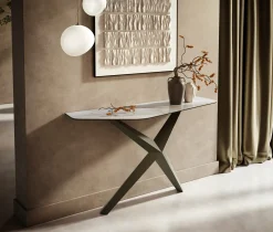 KonsolentischEdge Polygonal 140x50 cm Keramik Onyx Pearl Zentharo Metall Effektfinish Titan Sofort versandfertig