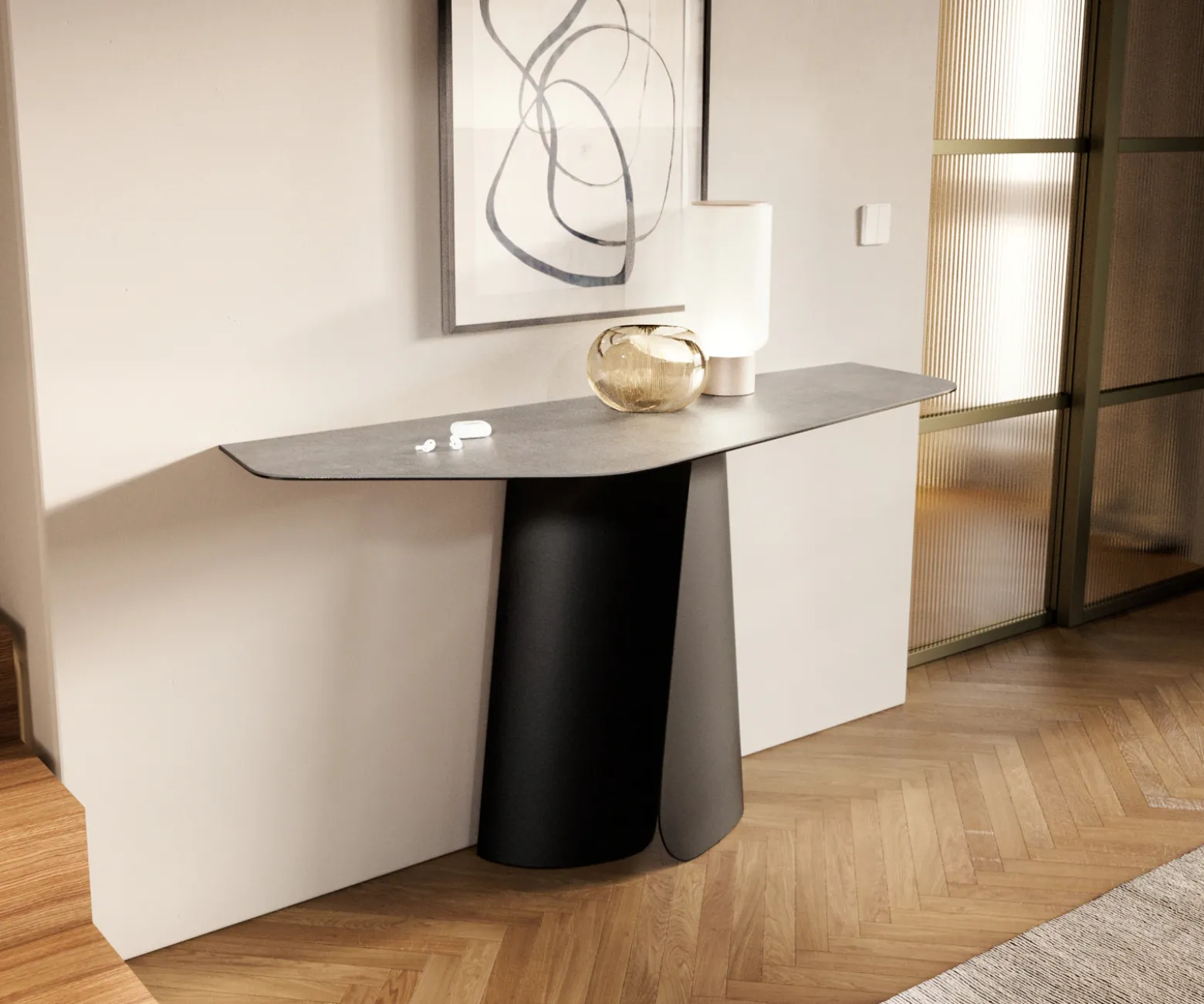 KonsolentischEdge Polygonal 140x50 cm Keramik Beton Grau Livos Metall Schwarz Sofort versandfertig