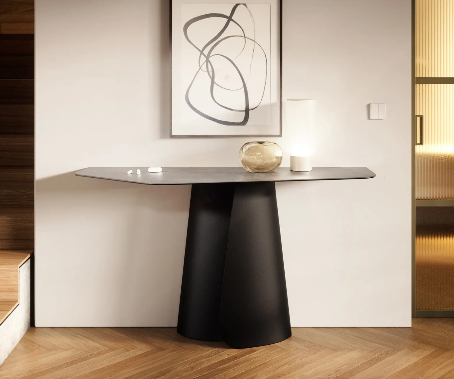 KonsolentischEdge Polygonal 140x50 cm Keramik Beton Grau Livos Metall Schwarz Sofort versandfertig