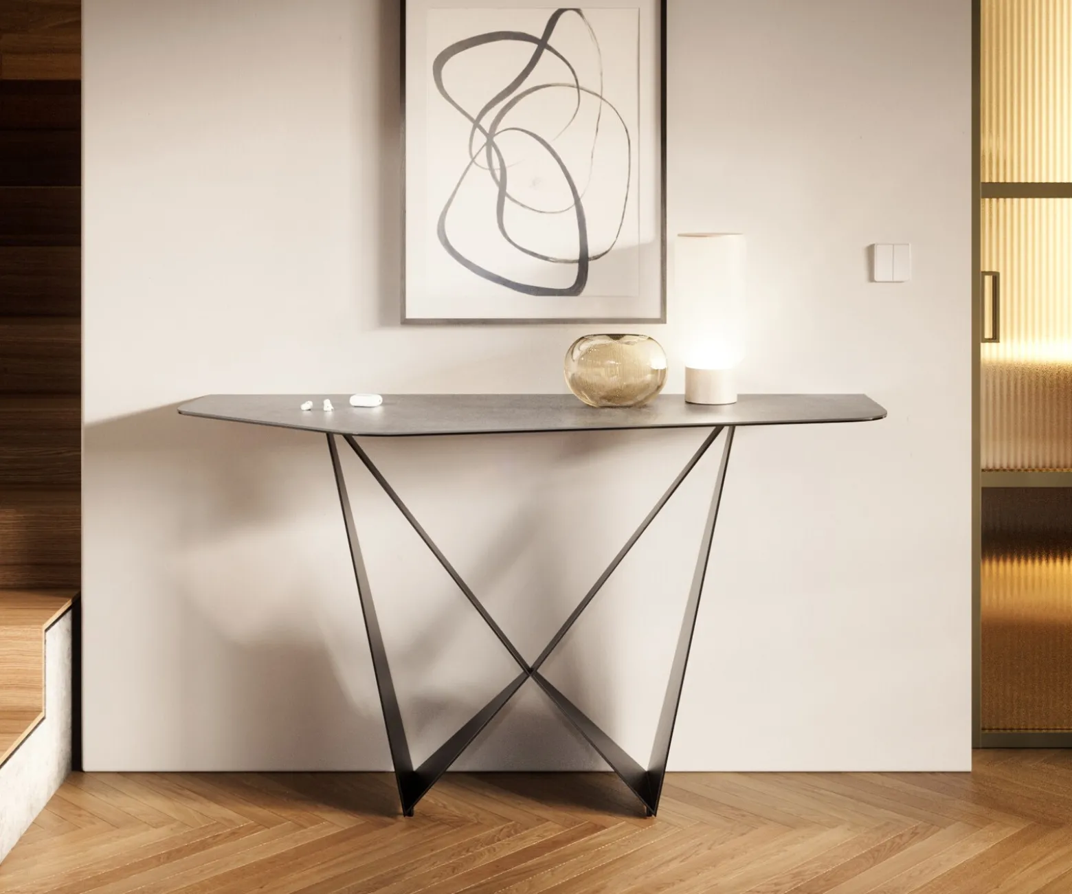 KonsolentischEdge Polygonal 140x50 cm Keramik Beton Grau Spios Metall Schwarz Sofort versandfertig