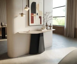 KonsolentischEdge Polygonal 140x50 cm Keramik Laminam® Travertino Bianco Creme-Weiß Livos Metall Schwarz Sofort versandfertig