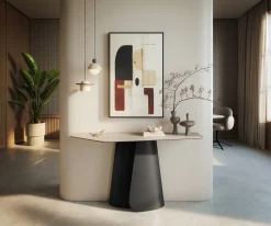 KonsolentischEdge Polygonal 140x50 cm Keramik Laminam® Travertino Bianco Creme-Weiß Livos Metall Schwarz Sofort versandfertig