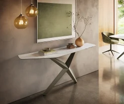 KonsolentischEdge Polygonal 180x50 cm Keramik Onyx Pearl Zentharo Metall Effektfinish Titan Sofort versandfertig