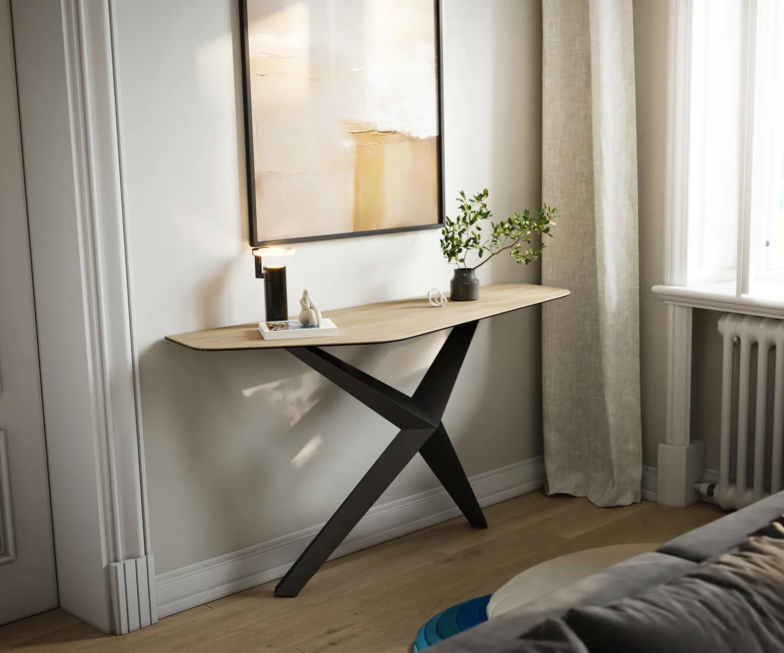 KonsolentischEdge Polygonal 140x50 cm Keramik Laminam® Sabbia Eichefarbig Zentharo Metall Schwarz Sofort versandfertig