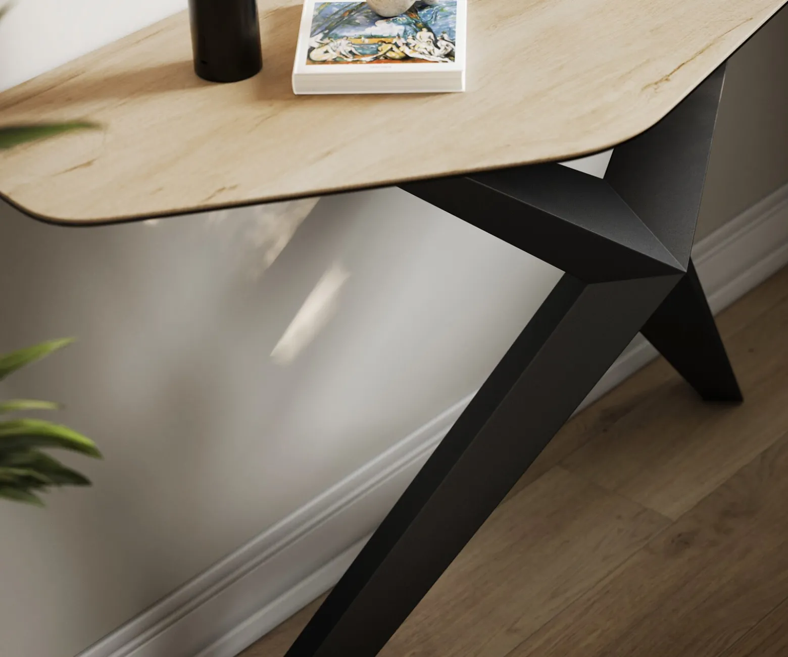 KonsolentischEdge Polygonal 140x50 cm Keramik Laminam® Sabbia Eichefarbig Zentharo Metall Schwarz Sofort versandfertig