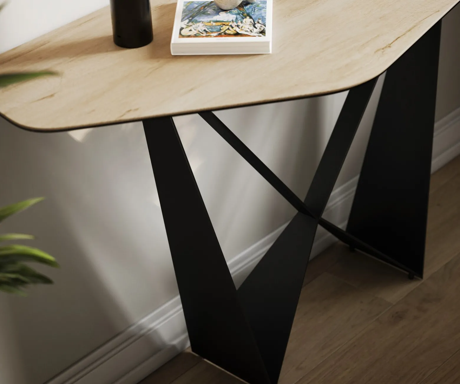 KonsolentischEdge Polygonal 140x50 cm Keramik Laminam® Sabbia Eichefarbig Spios Metall Schwarz Sofort versandfertig