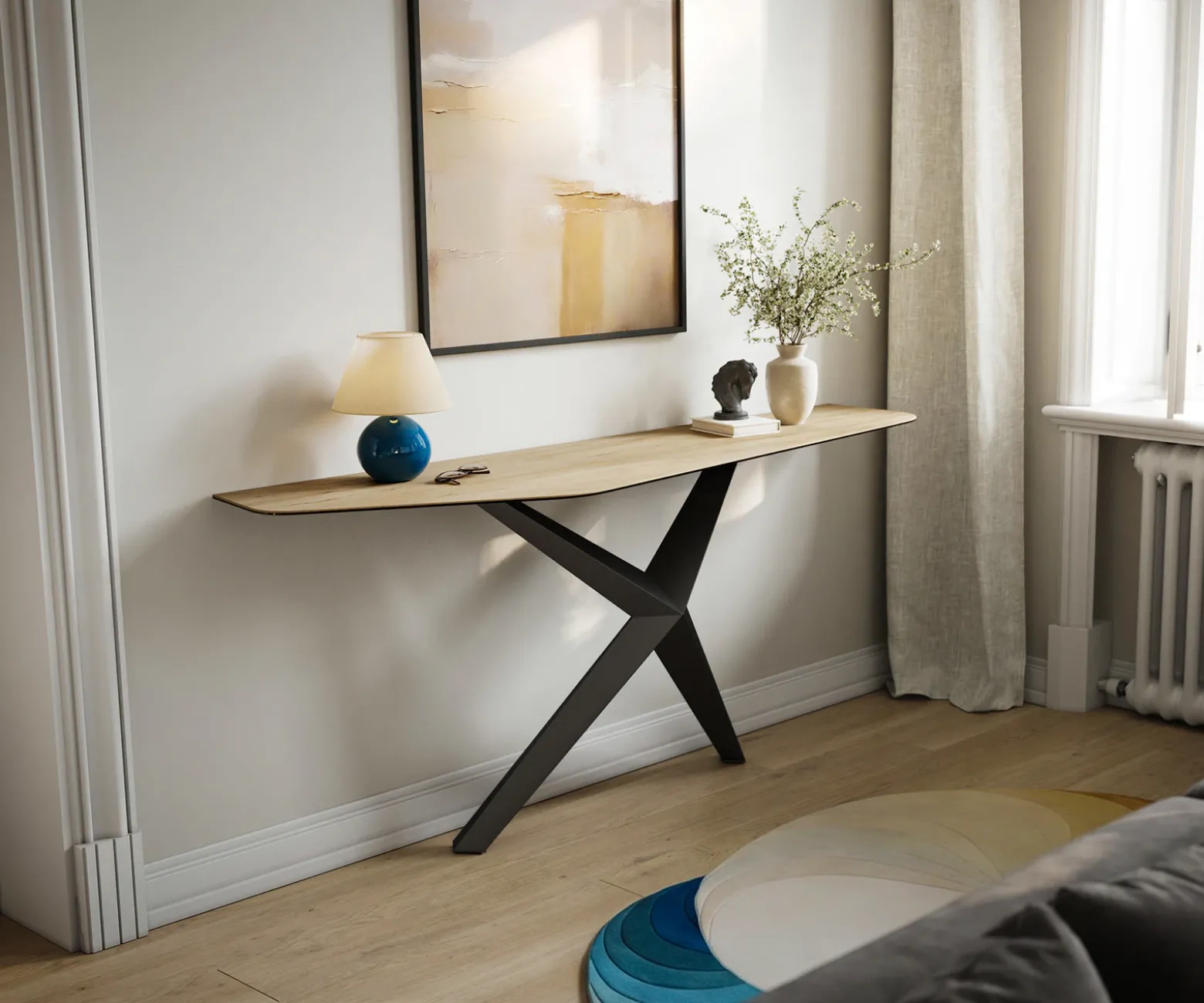 KonsolentischEdge Polygonal 180x50 cm Keramik Laminam® Sabbia Eichefarbig Zentharo Metall Schwarz Sofort versandfertig