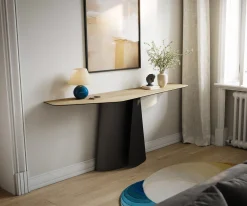 KonsolentischEdge Polygonal 180x50 cm Keramik Laminam® Sabbia Eichefarbig Livos Metall Schwarz Sofort versandfertig