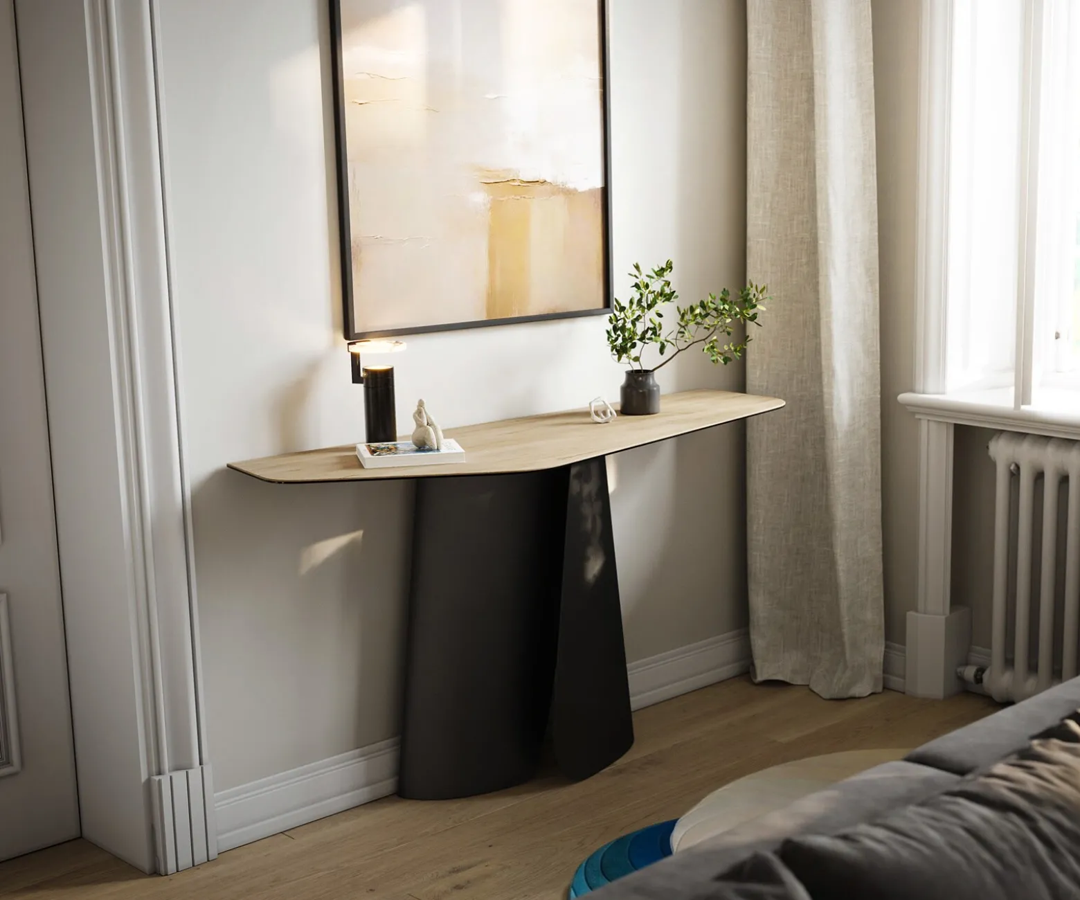 KonsolentischEdge Polygonal 140x50 cm Keramik Laminam® Sabbia Eichefarbig Livos Metall Schwarz Sofort versandfertig