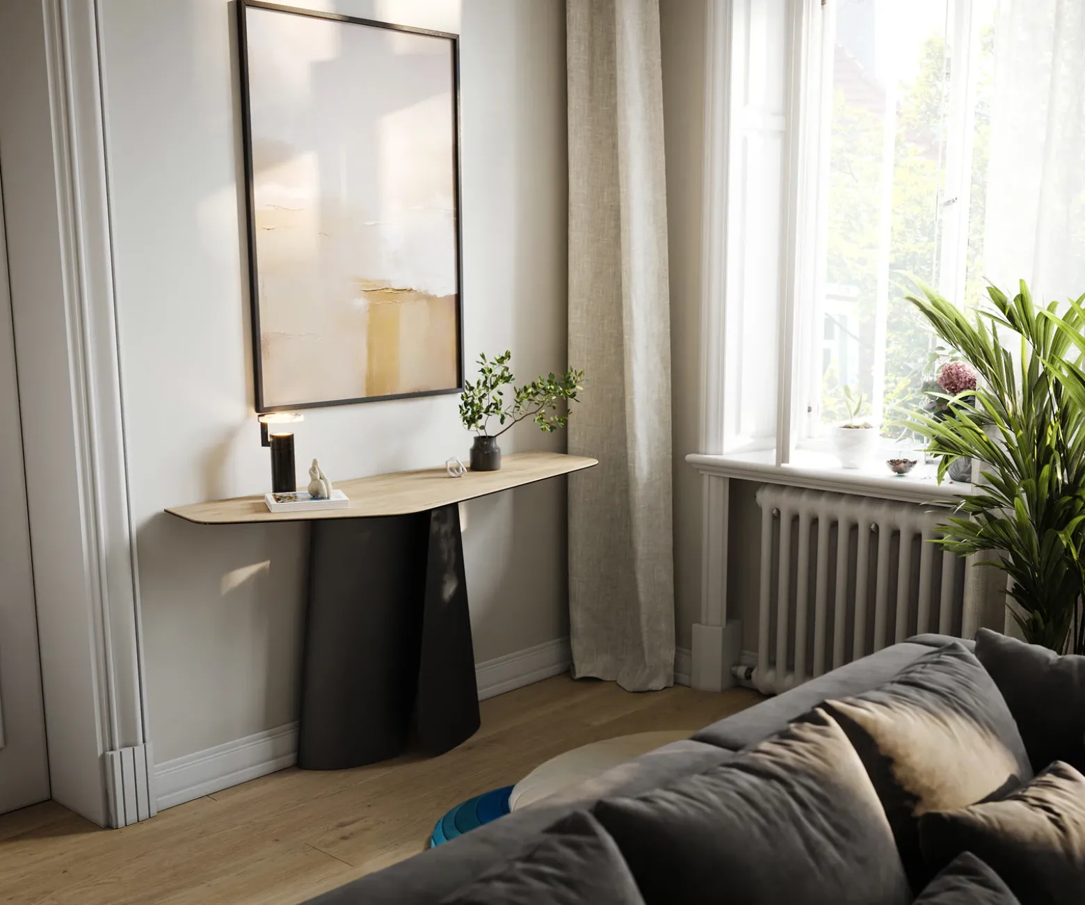 KonsolentischEdge Polygonal 140x50 cm Keramik Laminam® Sabbia Eichefarbig Livos Metall Schwarz Sofort versandfertig