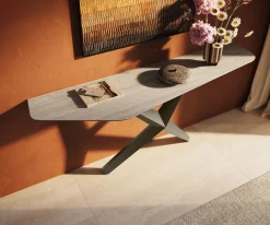KonsolentischEdge Polygonal 180x50 cm Keramik Laminam® Travertino Bianco Creme-Weiß Zentharo Metall Effektfinish Titan Sofort versandfertig