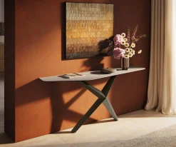 KonsolentischEdge Polygonal 180x50 cm Keramik Laminam® Travertino Bianco Creme-Weiß Zentharo Metall Effektfinish Titan Sofort versandfertig