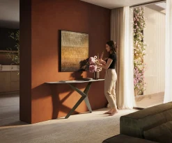 KonsolentischEdge Polygonal 180x50 cm Keramik Laminam® Travertino Bianco Creme-Weiß Zentharo Metall Effektfinish Titan Sofort versandfertig