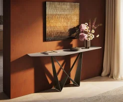 KonsolentischEdge Polygonal 180x50 cm Keramik Laminam® Travertino Bianco Creme-Weiß Spios Metall Effektfinish Titan Sofort versandfertig