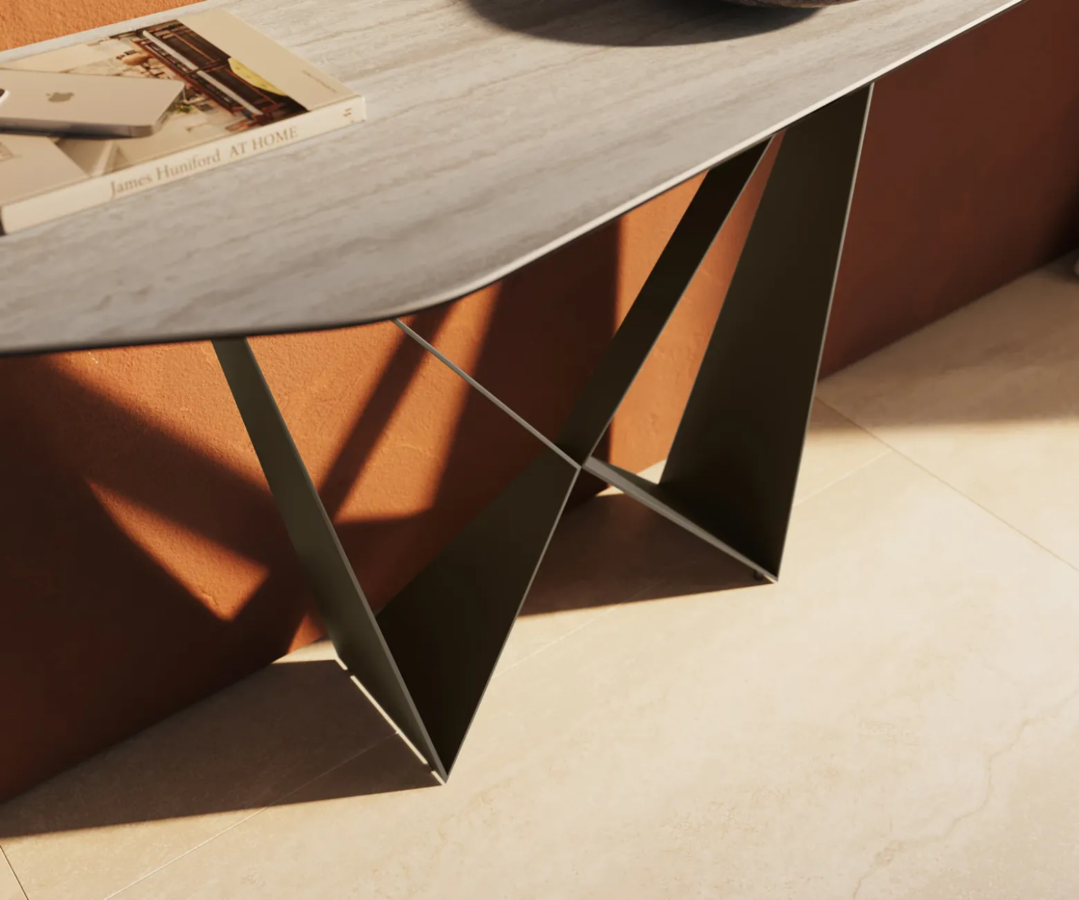 KonsolentischEdge Polygonal 180x50 cm Keramik Laminam® Travertino Bianco Creme-Weiß Spios Metall Effektfinish Titan Sofort versandfertig