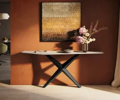 KonsolentischEdge Polygonal 180x50 cm Keramik Laminam® Travertino Bianco Creme-Weiß Zentharo Metall Schwarz Sofort versandfertig