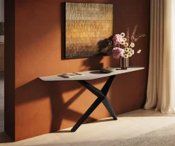 KonsolentischEdge Polygonal 180x50 cm Keramik Laminam® Travertino Bianco Creme-Weiß Zentharo Metall Schwarz Sofort versandfertig
