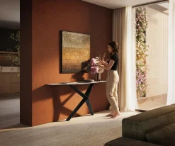 KonsolentischEdge Polygonal 180x50 cm Keramik Laminam® Travertino Bianco Creme-Weiß Zentharo Metall Schwarz Sofort versandfertig