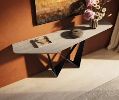 KonsolentischEdge Polygonal 180x50 cm Keramik Laminam® Travertino Bianco Creme-Weiß Spios Metall Schwarz Sofort versandfertig