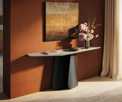 KonsolentischEdge Polygonal 180x50 cm Keramik Laminam® Travertino Bianco Creme-Weiß Livos Metall Schwarz Sofort versandfertig