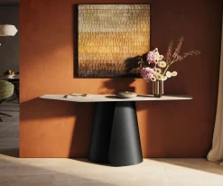 KonsolentischEdge Polygonal 180x50 cm Keramik Laminam® Travertino Bianco Creme-Weiß Livos Metall Schwarz Sofort versandfertig
