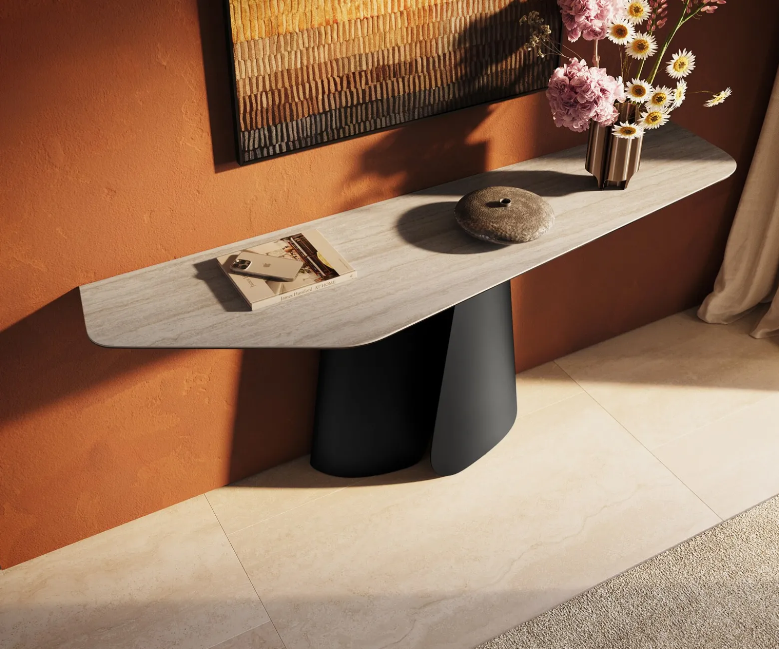 KonsolentischEdge Polygonal 180x50 cm Keramik Laminam® Travertino Bianco Creme-Weiß Livos Metall Schwarz Sofort versandfertig