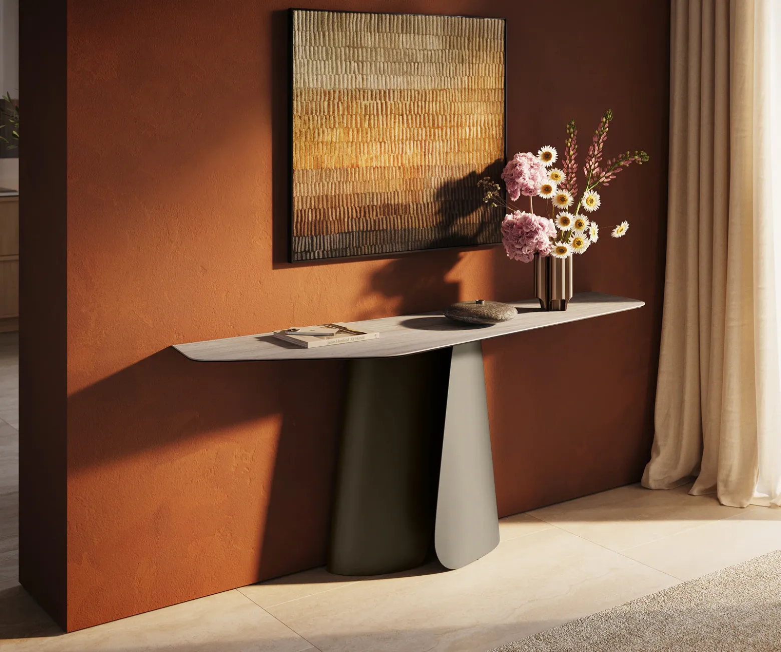 KonsolentischEdge Polygonal 180x50 cm Keramik Laminam® Travertino Bianco Creme-Weiß Livos Metall Effektfinish Titan Sofort versandfertig