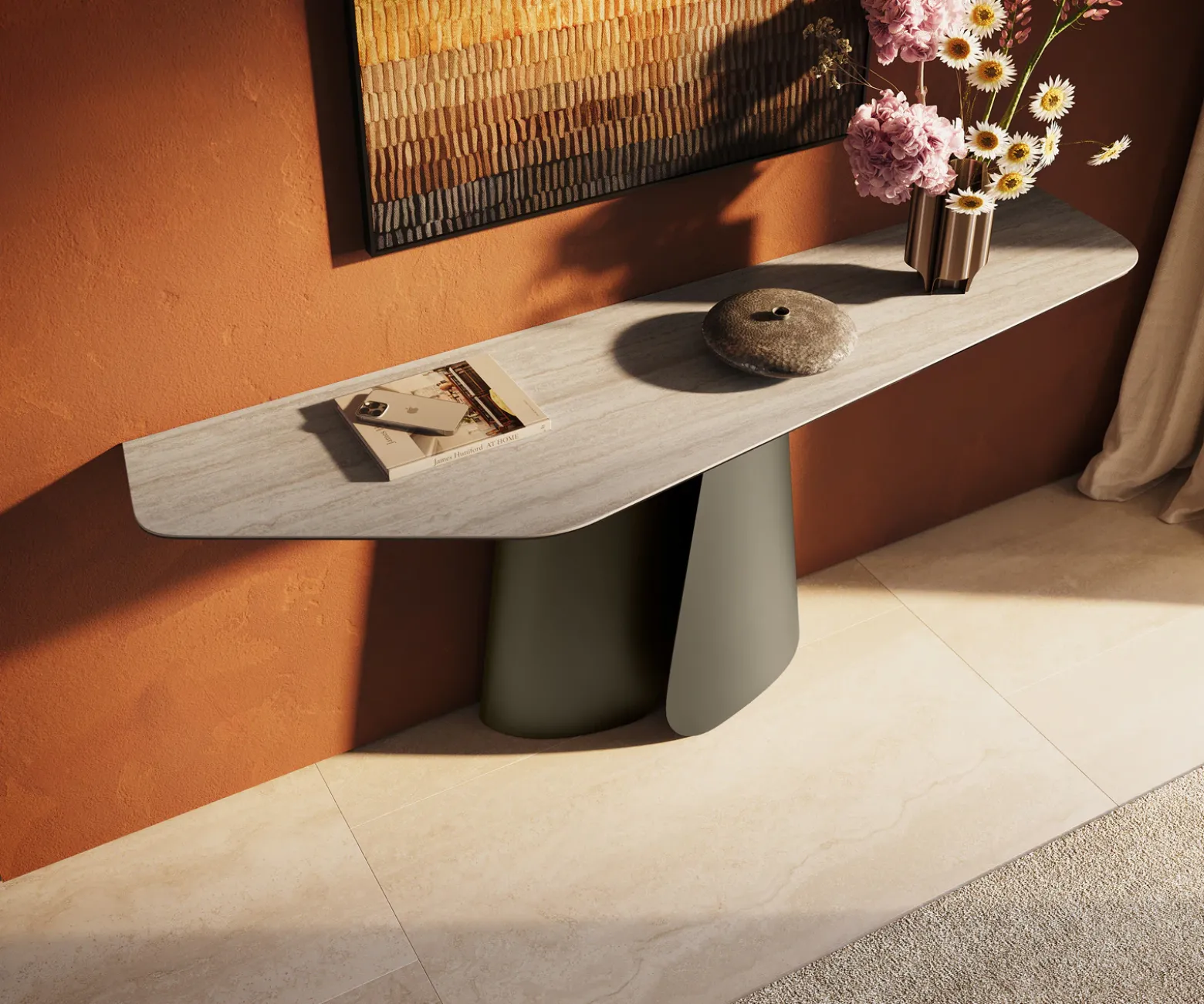 KonsolentischEdge Polygonal 180x50 cm Keramik Laminam® Travertino Bianco Creme-Weiß Livos Metall Effektfinish Titan Sofort versandfertig
