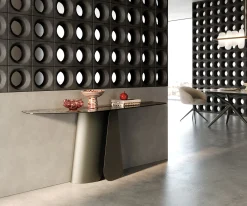 KonsolentischEdge Polygonal 180x50 cm Keramik Emperador Extra Lucidato Dunkelbraun Livos Metall Effektfinish Titan Sofort versandfertig