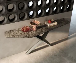 KonsolentischEdge Polygonal 180x50 cm Keramik Emperador Extra Lucidato Dunkelbraun Zentharo Metall Effektfinish Titan Sofort versandfertig
