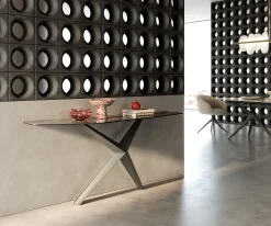 KonsolentischEdge Polygonal 180x50 cm Keramik Emperador Extra Lucidato Dunkelbraun Zentharo Metall Effektfinish Titan Sofort versandfertig
