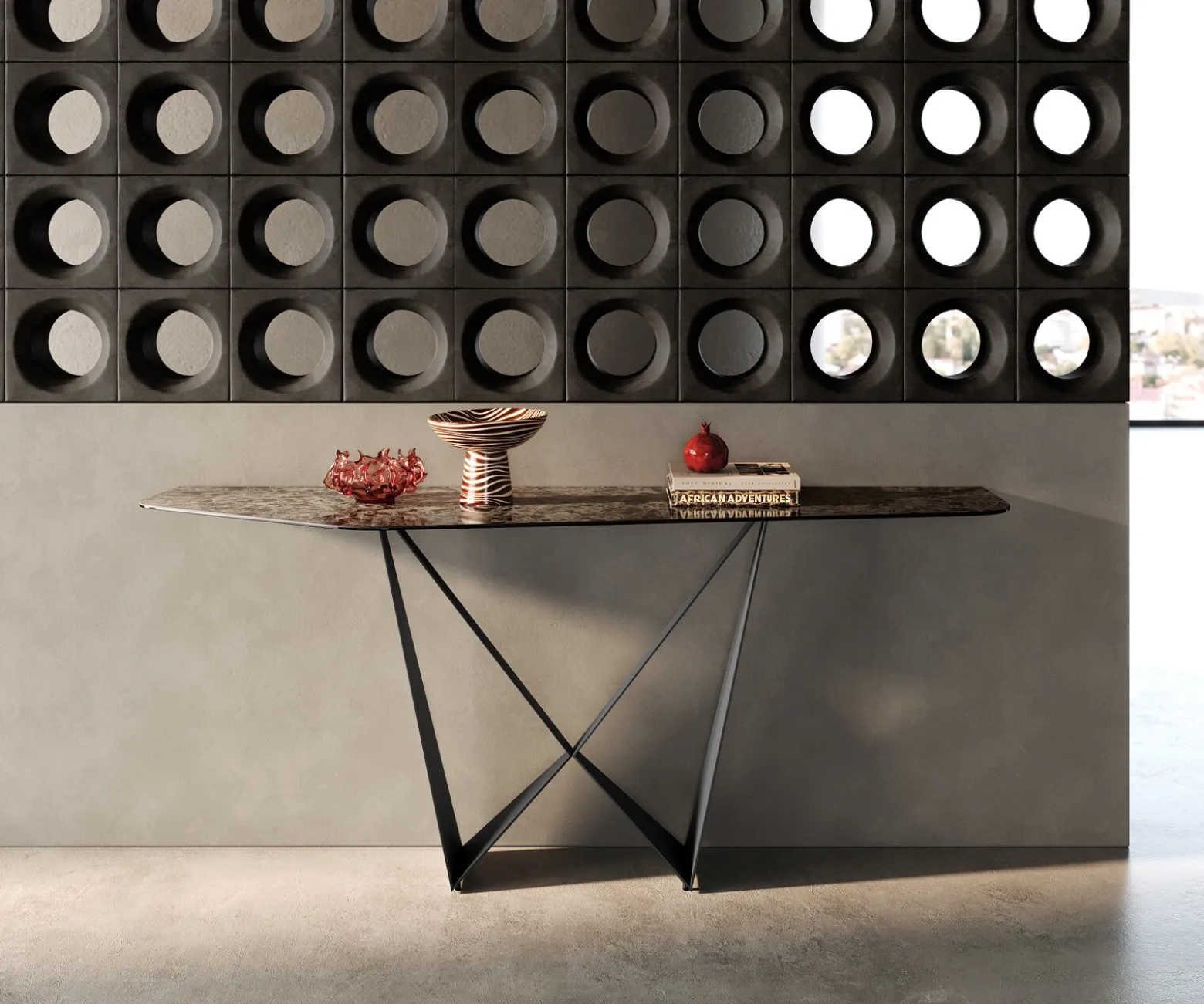 KonsolentischEdge Polygonal 180x50 cm Keramik Emperador Extra Lucidato Dunkelbraun Spios Metall Schwarz Sofort versandfertig