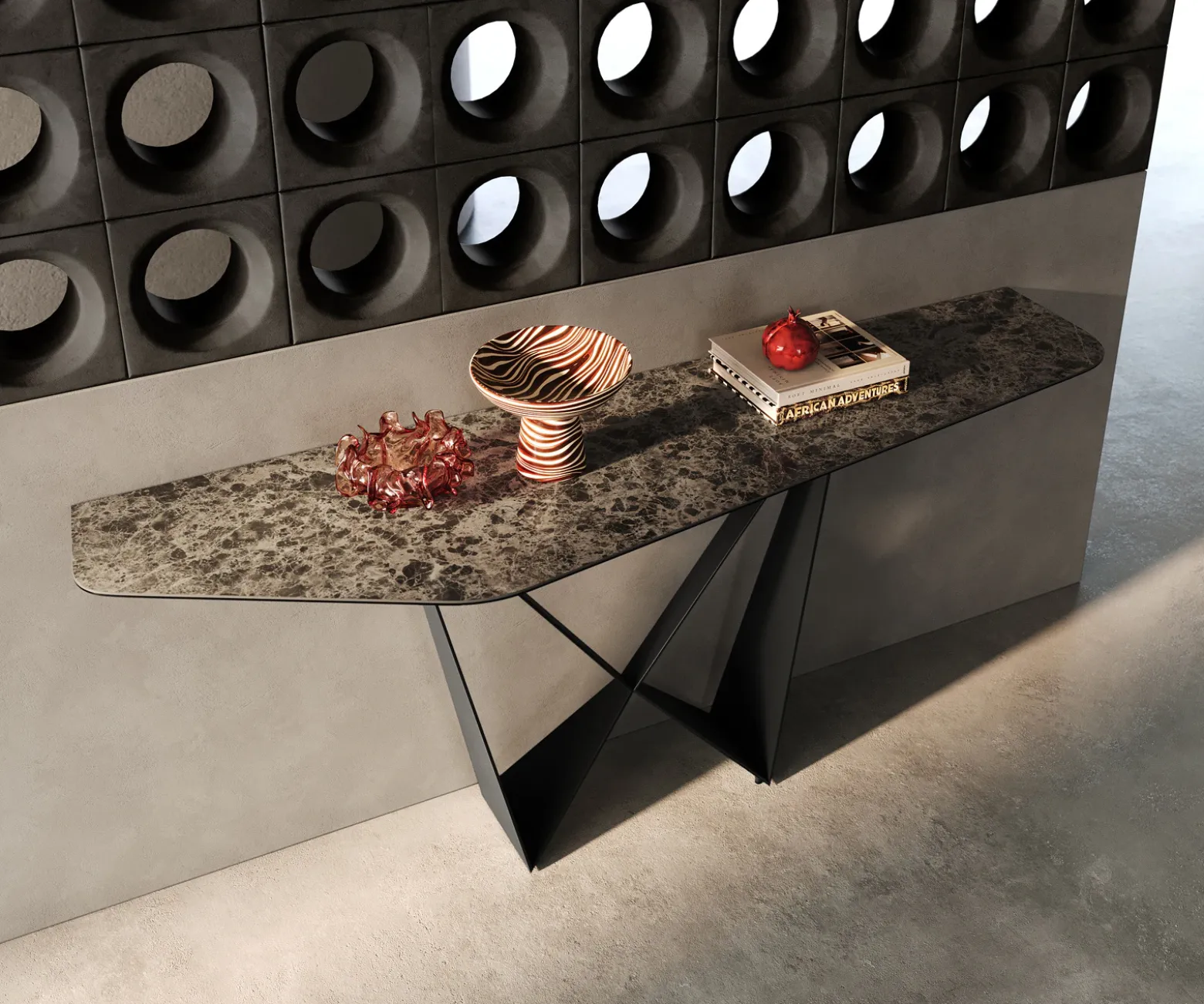 KonsolentischEdge Polygonal 180x50 cm Keramik Emperador Extra Lucidato Dunkelbraun Spios Metall Schwarz Sofort versandfertig